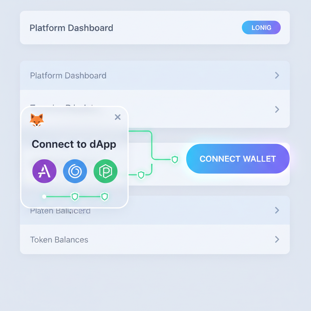 wallet connection button on defi site, metamask popup, ethereum l2 icons, secure connection animation, modern gradient ui