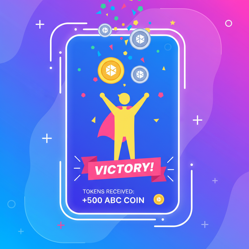 success screen with confetti, tokens received, victory pose in crypto wallet, celebratory neon graphics
