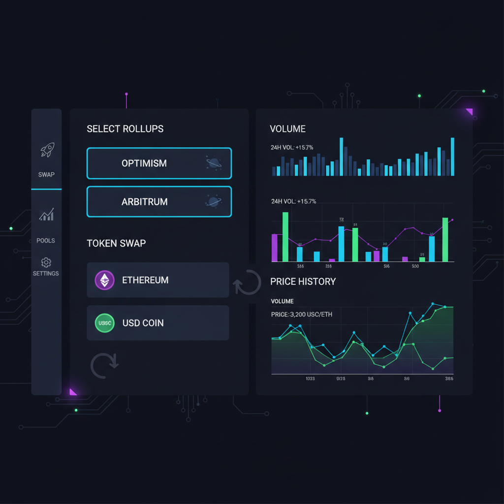 sleek DEX interface selecting two rollups and token swap pairs, vibrant charts, dark mode sci-fi design