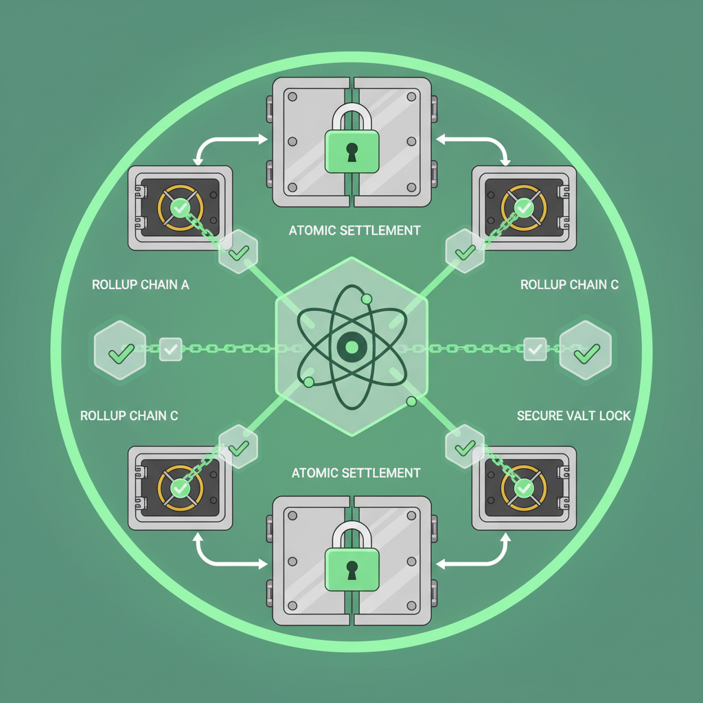 atomic settlement visualization, transactions locking across rollup chains, green checkmarks, secure vault aesthetic
