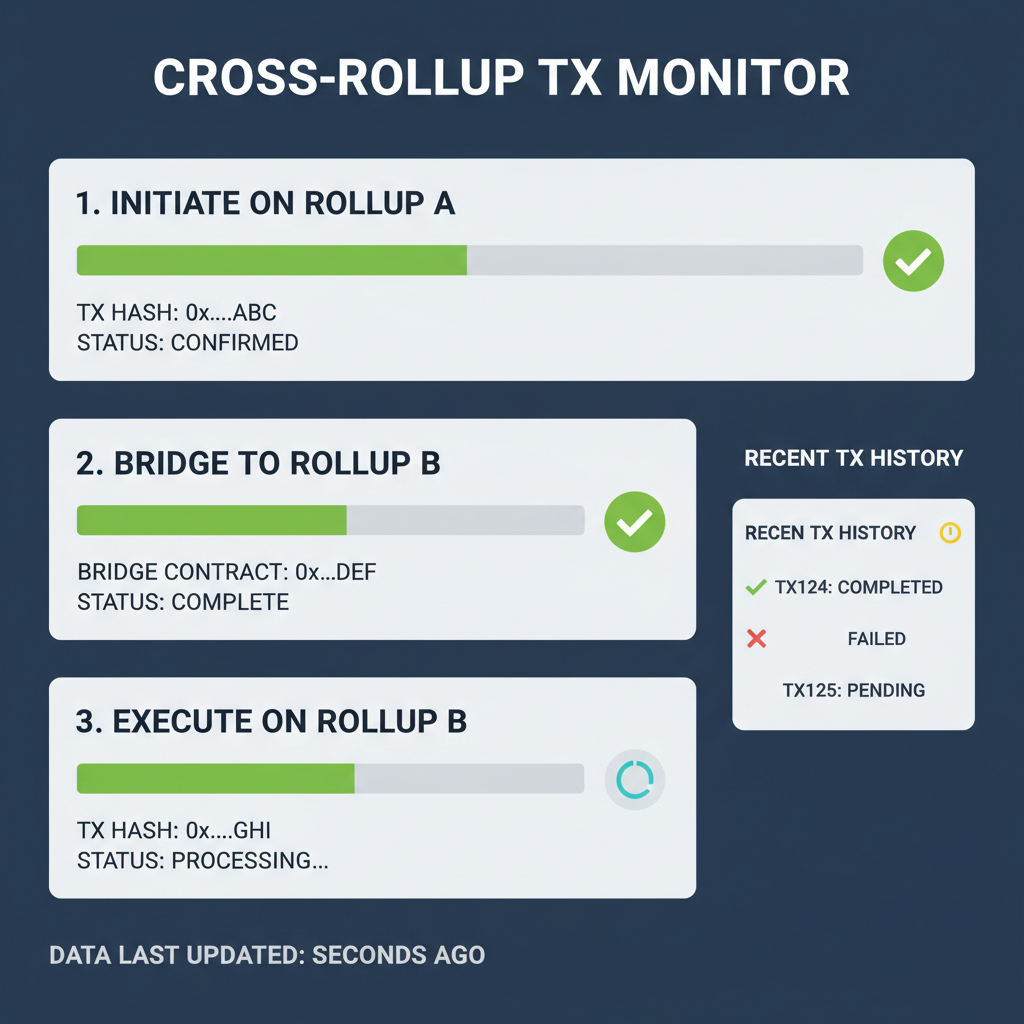 real-time dashboard tracking cross-rollup tx, progress bars green checkmarks, blockchain explorer style