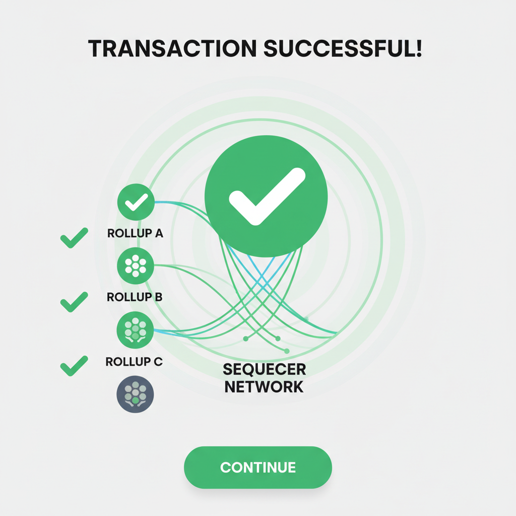 confirmation screen atomic tx, success animation cross-rollup flow, green checkmarks, sequencer network pulsing, triumphant ui