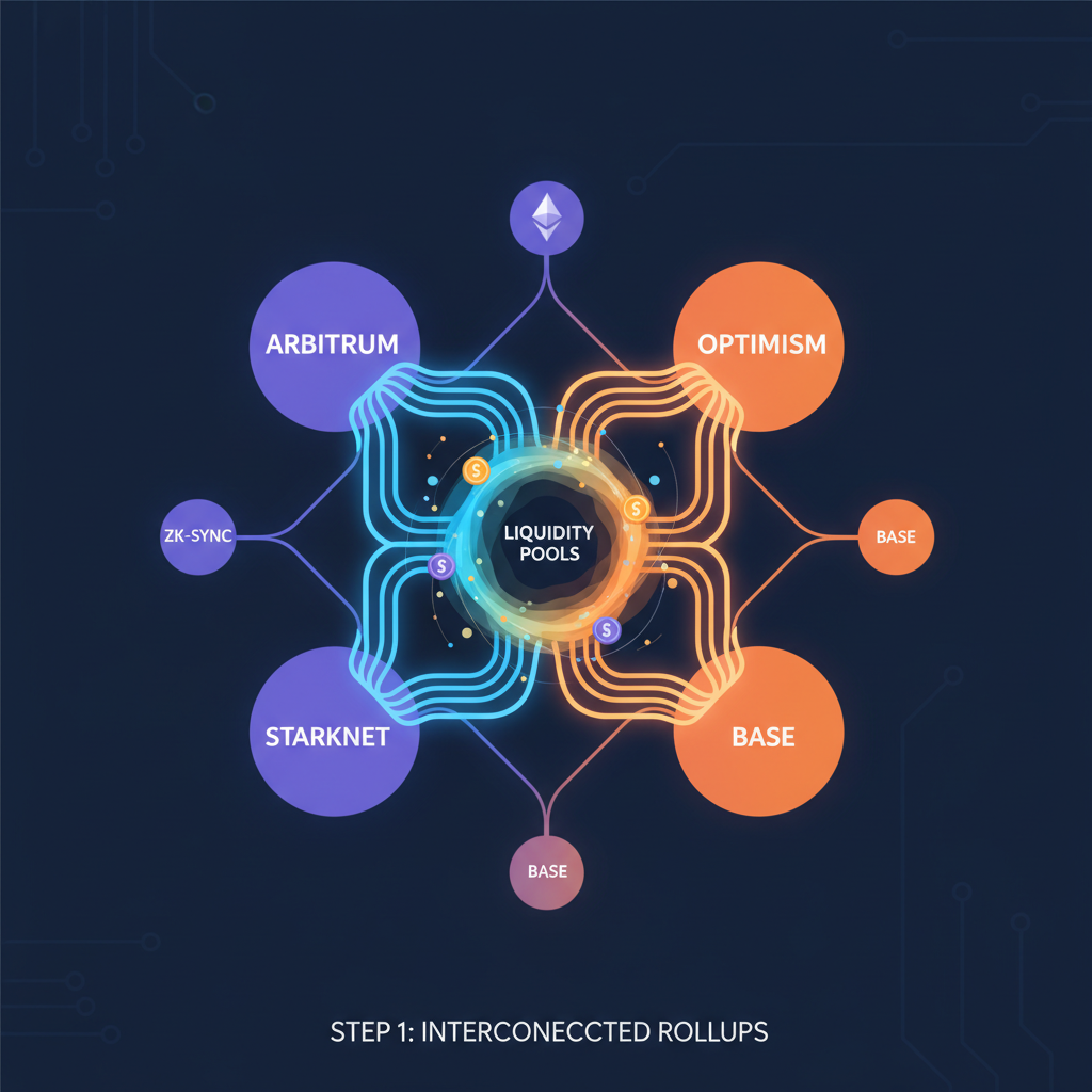 map of interconnected Ethereum rollups with glowing lines between Arbitrum and Optimism, liquidity pools merging, vibrant blockchain network visualization