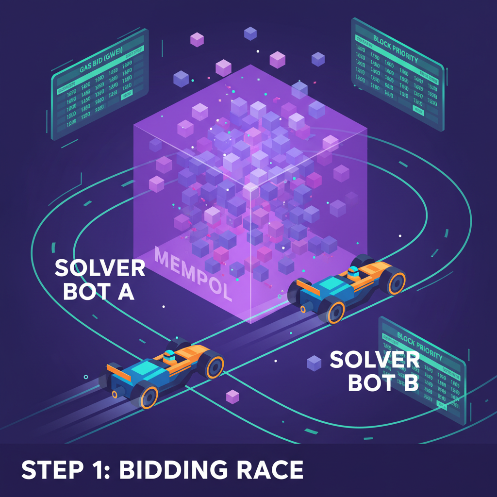 racing solvers as bots competing in a digital arena, mempool in background, leaderboards showing bids, dynamic motion blur