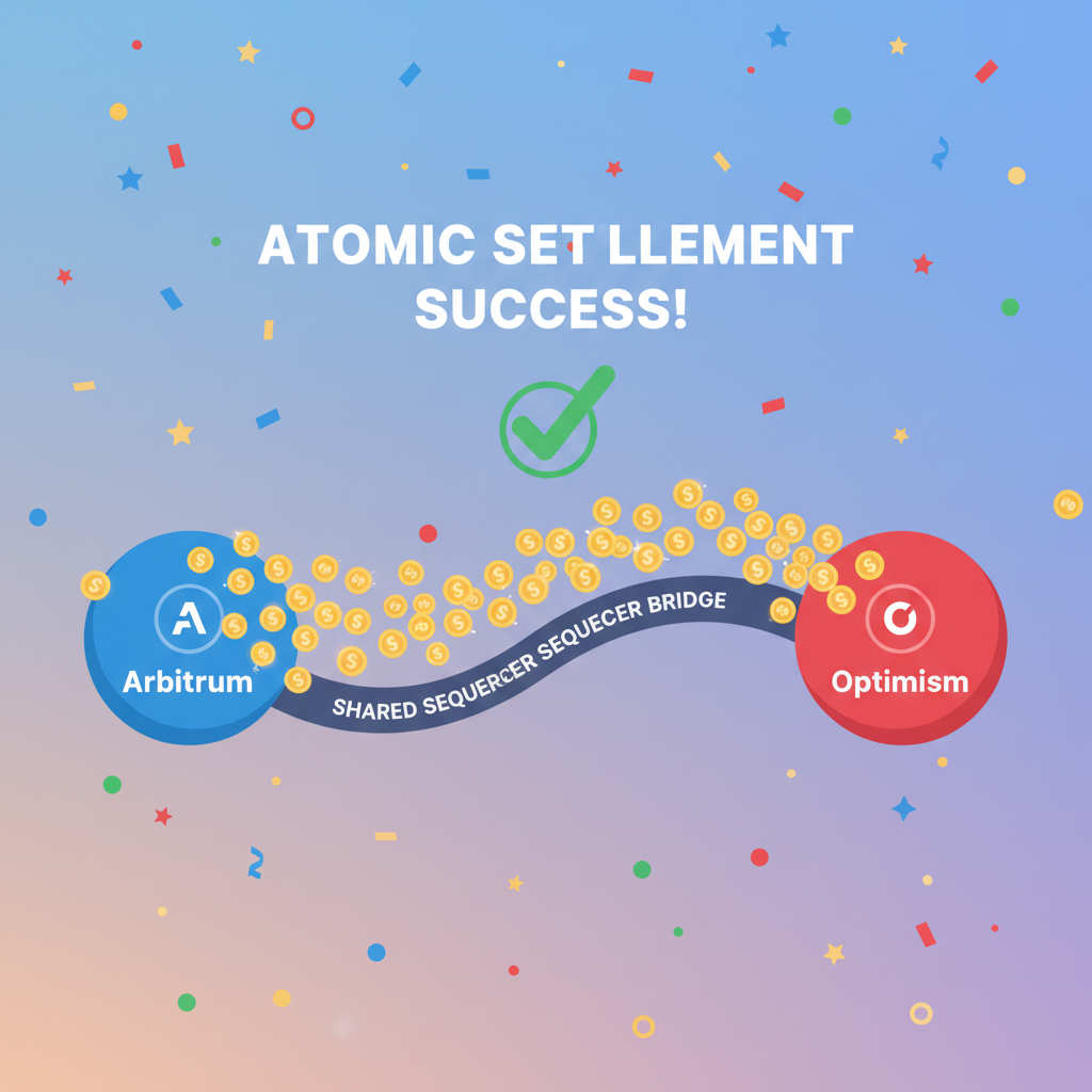 successful atomic settlement animation, tokens flowing from Arbitrum to Optimism via shared sequencer bridge, celebration confetti, vibrant success screen