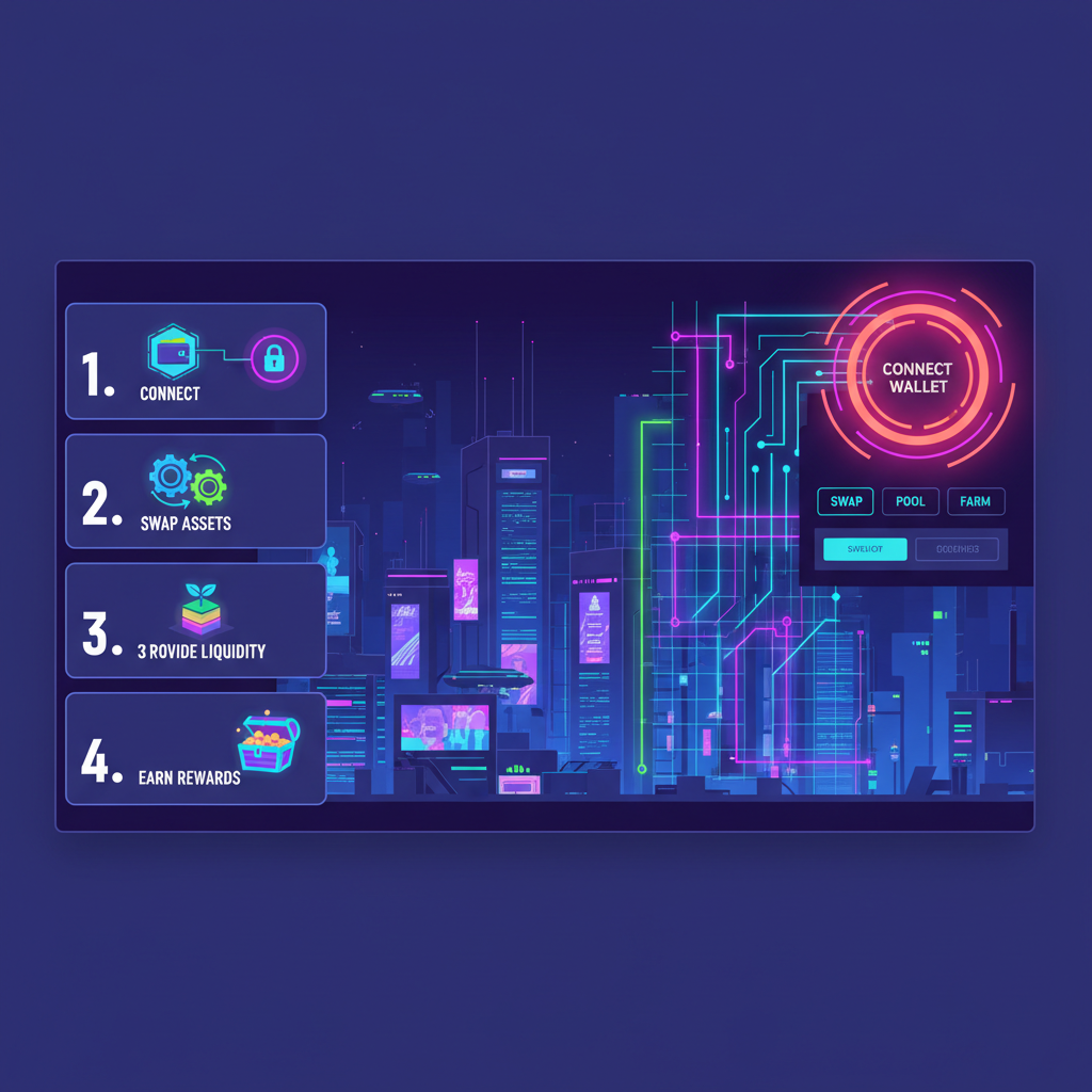 futuristic crypto DEX homepage with glowing wallet connect button, neon UI, cyberpunk style