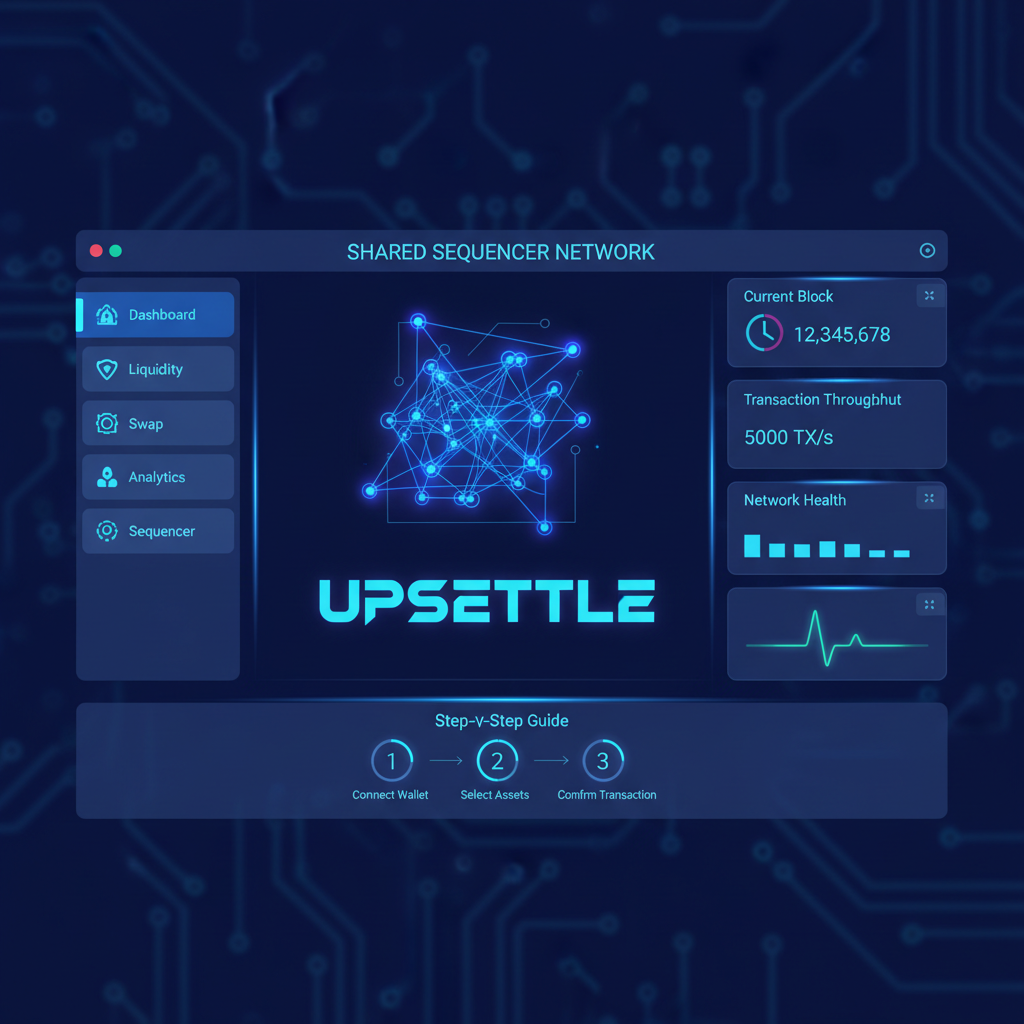 /roll upset tle homepage interface, futuristic defi dashboard, shared sequencer network visualization, cyberpunk neon blues, clean ui