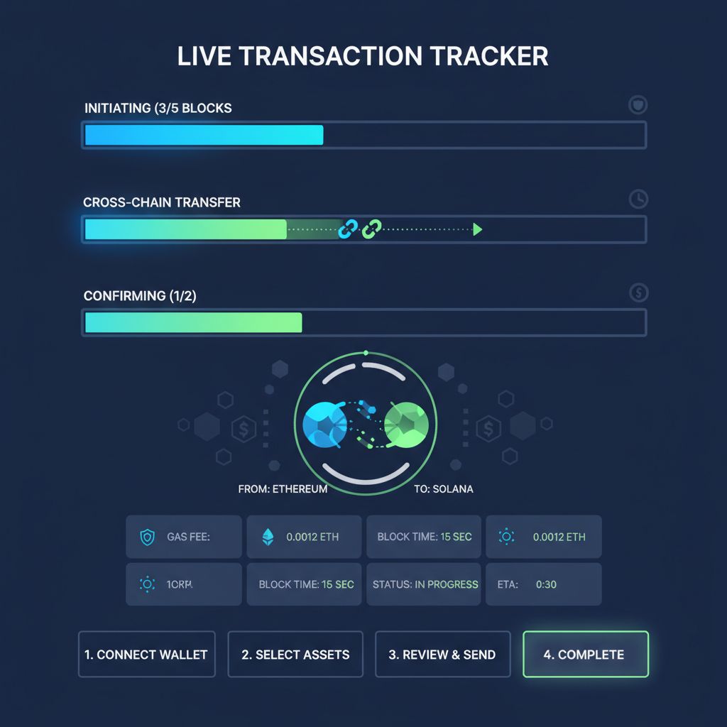 live transaction tracker dashboard with progress bars, cross-chain animations, high-tech monitoring UI