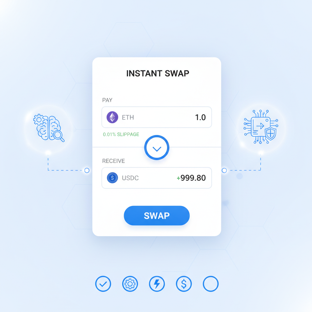 user typing intent like 'swap ETH for USDC low slippage' on clean UI form, AI solver icons activating, modern DeFi app screen
