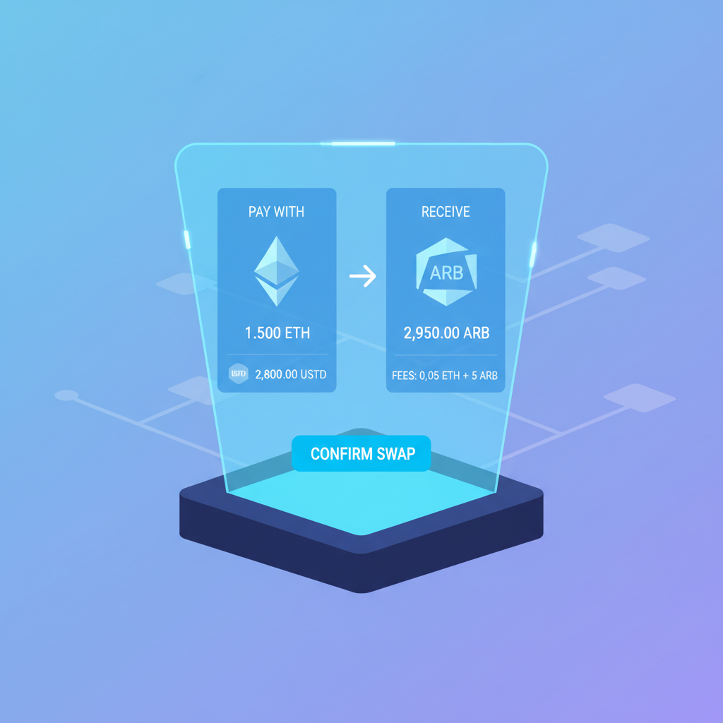 dynamic quote screen on cross-rollup DEX showing tokens, amounts, fees, holographic display