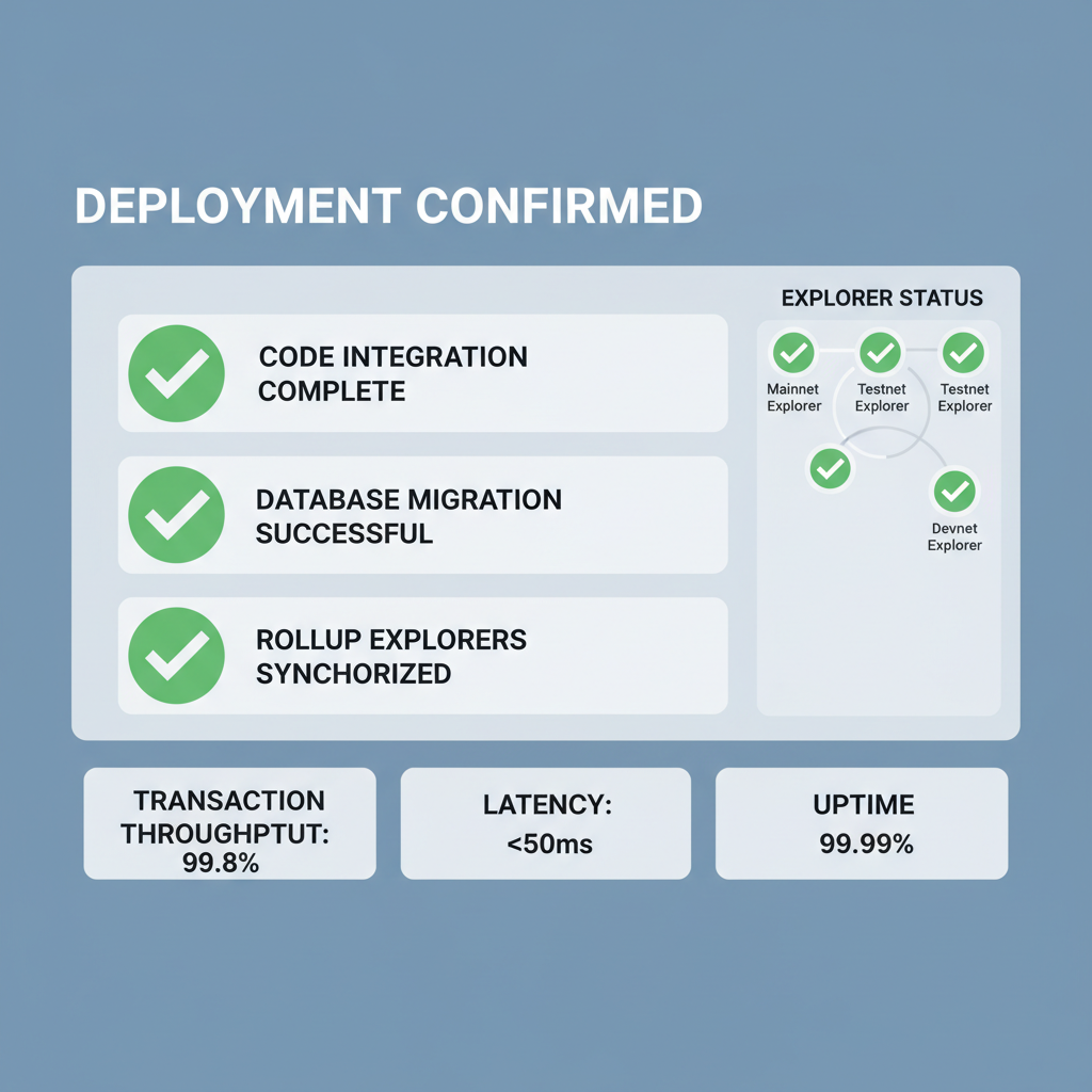 confirmation dashboard with green checkmarks, rollup explorers integrated, success metrics displayed, professional UI