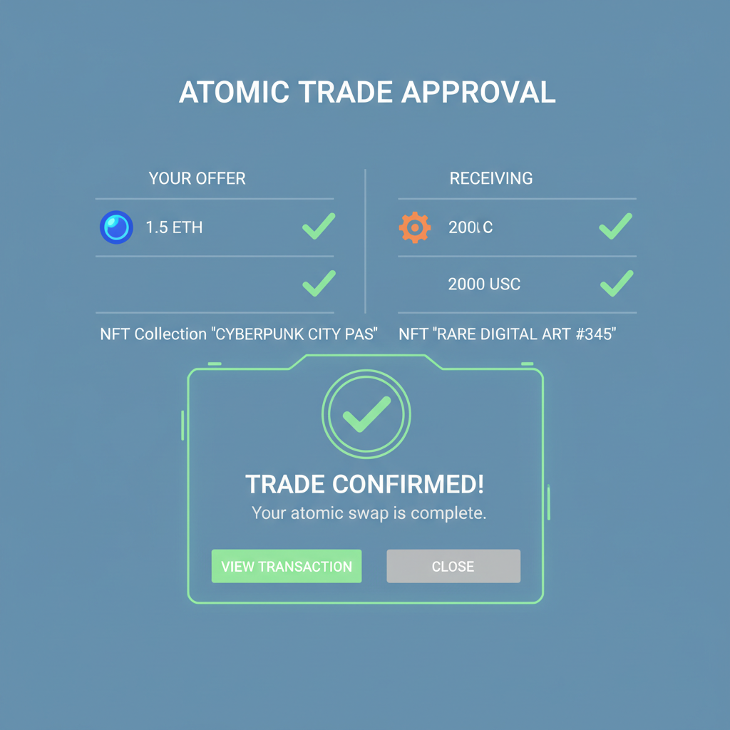 approval screen with atomic trade details, green checkmarks, futuristic confirmation modal