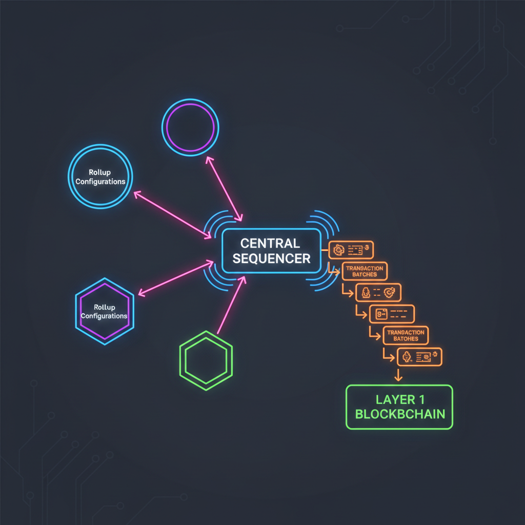 rollup configurations linking to central sequencer, transaction batches flowing, tech diagram style, neon accents