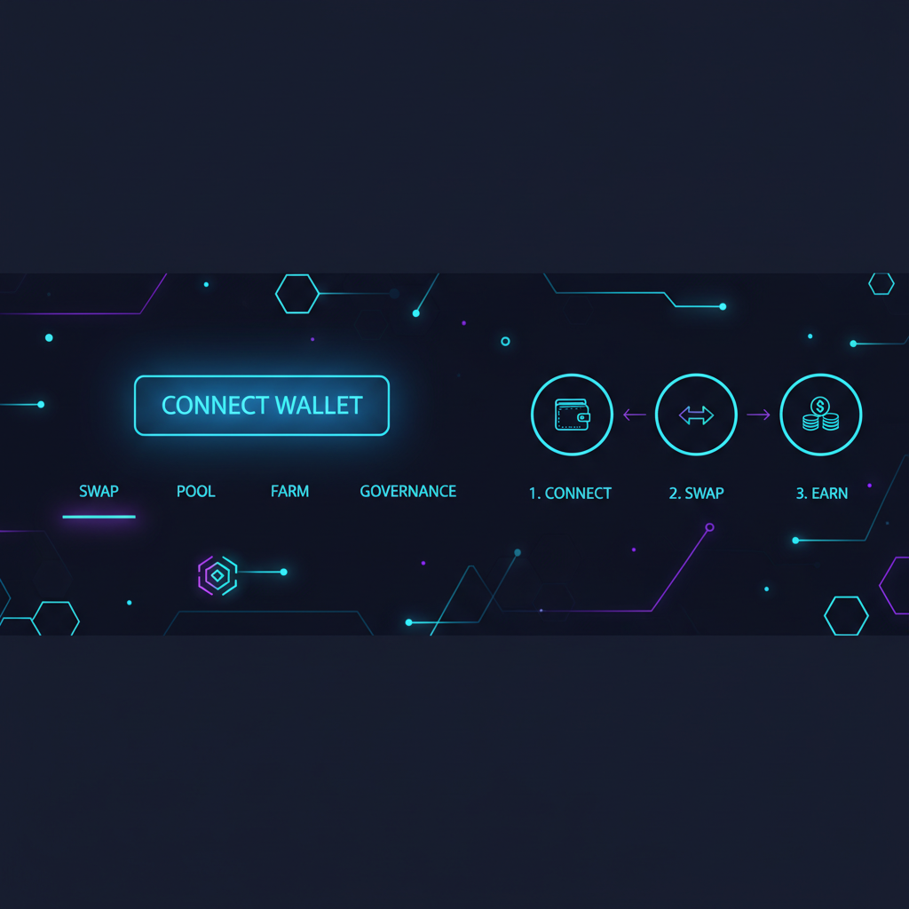 futuristic blockchain DEX website UI, wallet connect button highlighted, neon blue tones, clean interface